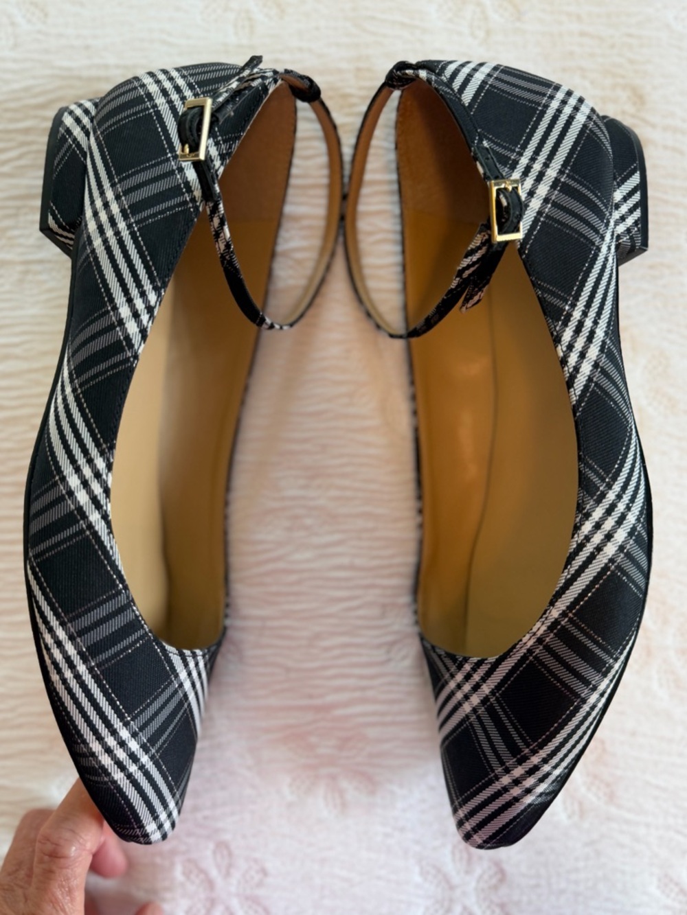 Talbots Shoes Flats pointed black white Tartan plaid ankle-strap size 9.5 - Picture 7 of 7